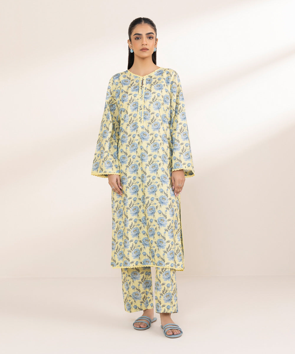 Women's Pret Cambric Yellow Printed Straight Shirt