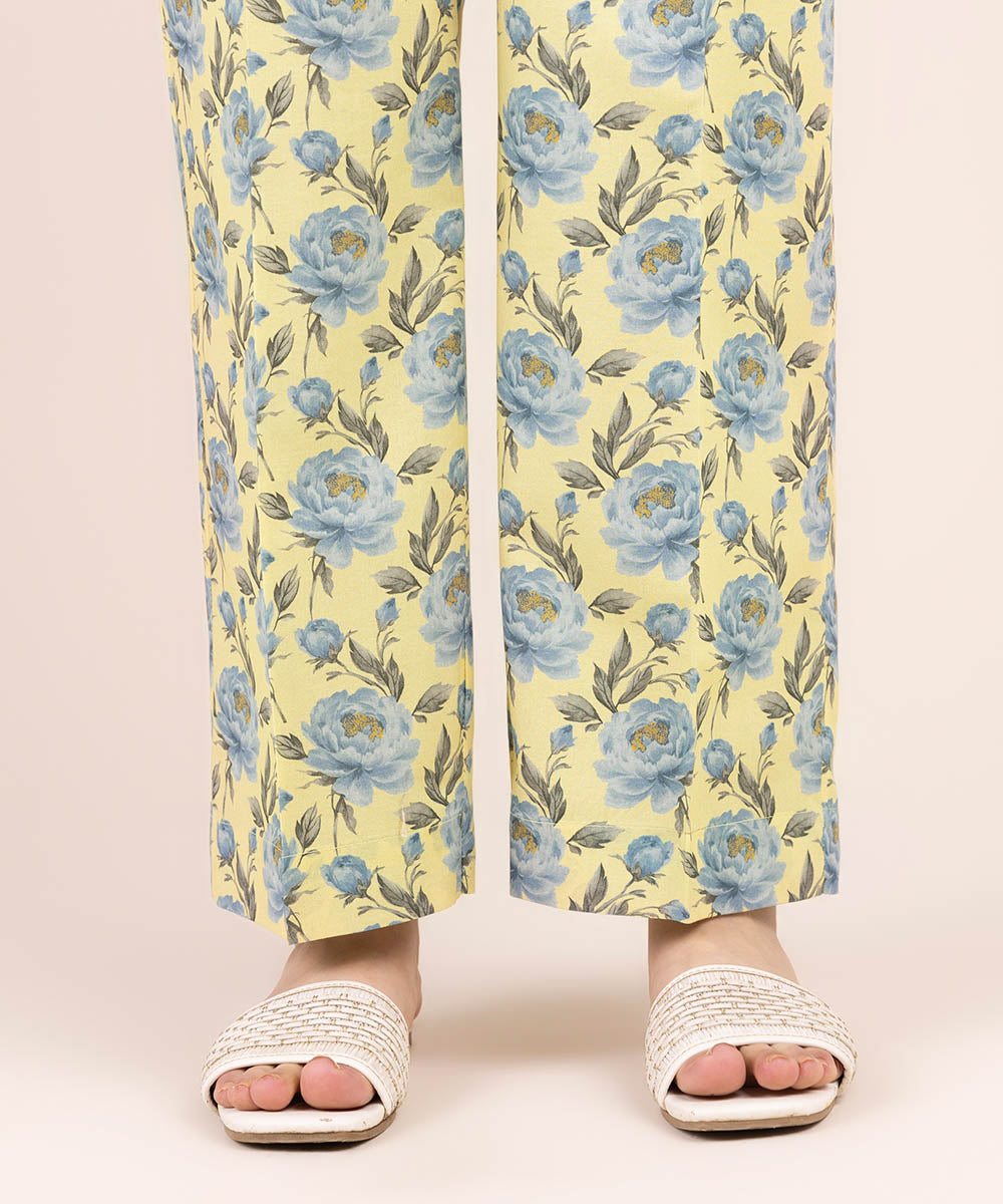 Women's Pret Cambric Yellow Printed Straight Pants