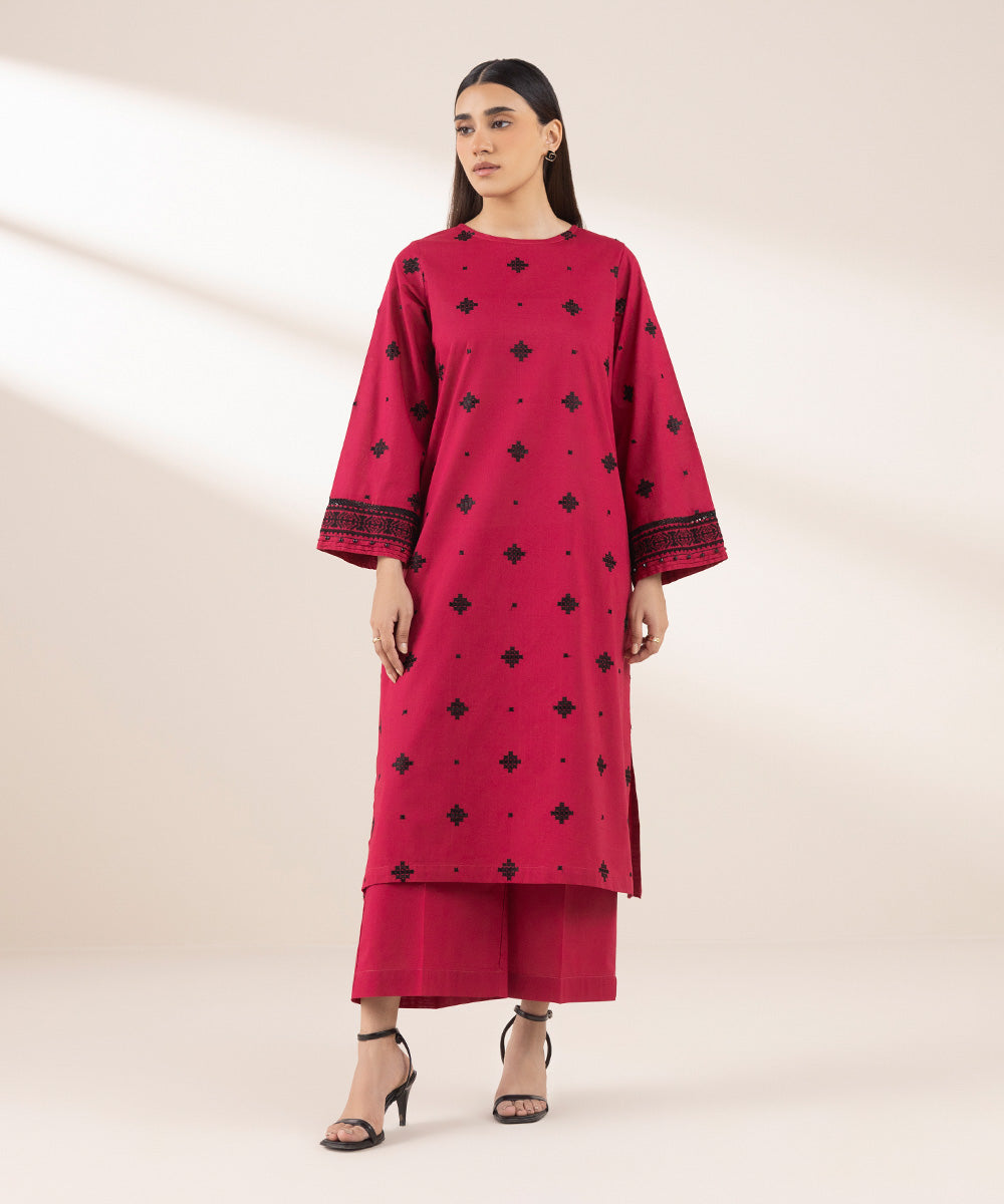 Women's RTW Cross Hatch Pink Embroidered A-Line Shirt