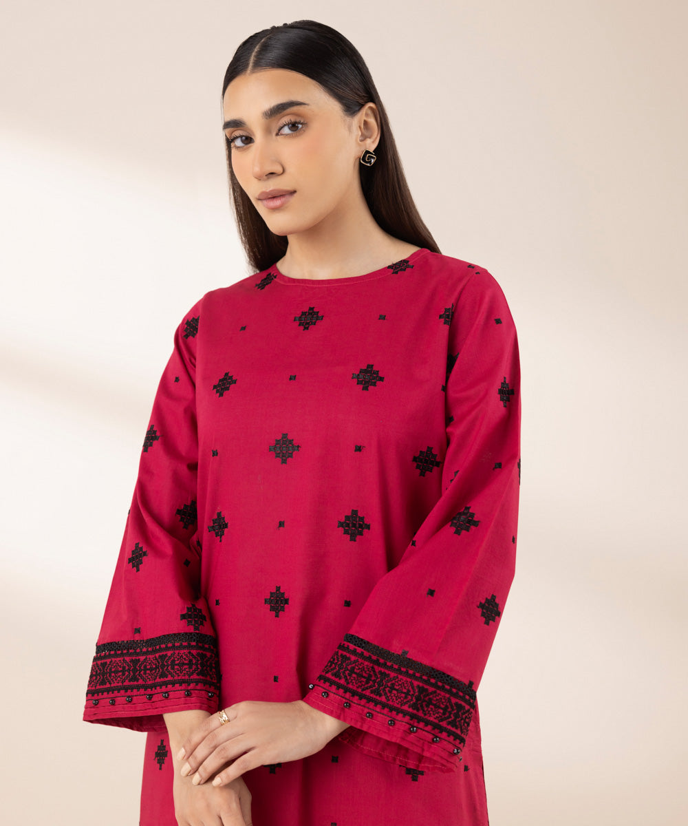 Women's RTW Cross Hatch Pink Embroidered A-Line Shirt