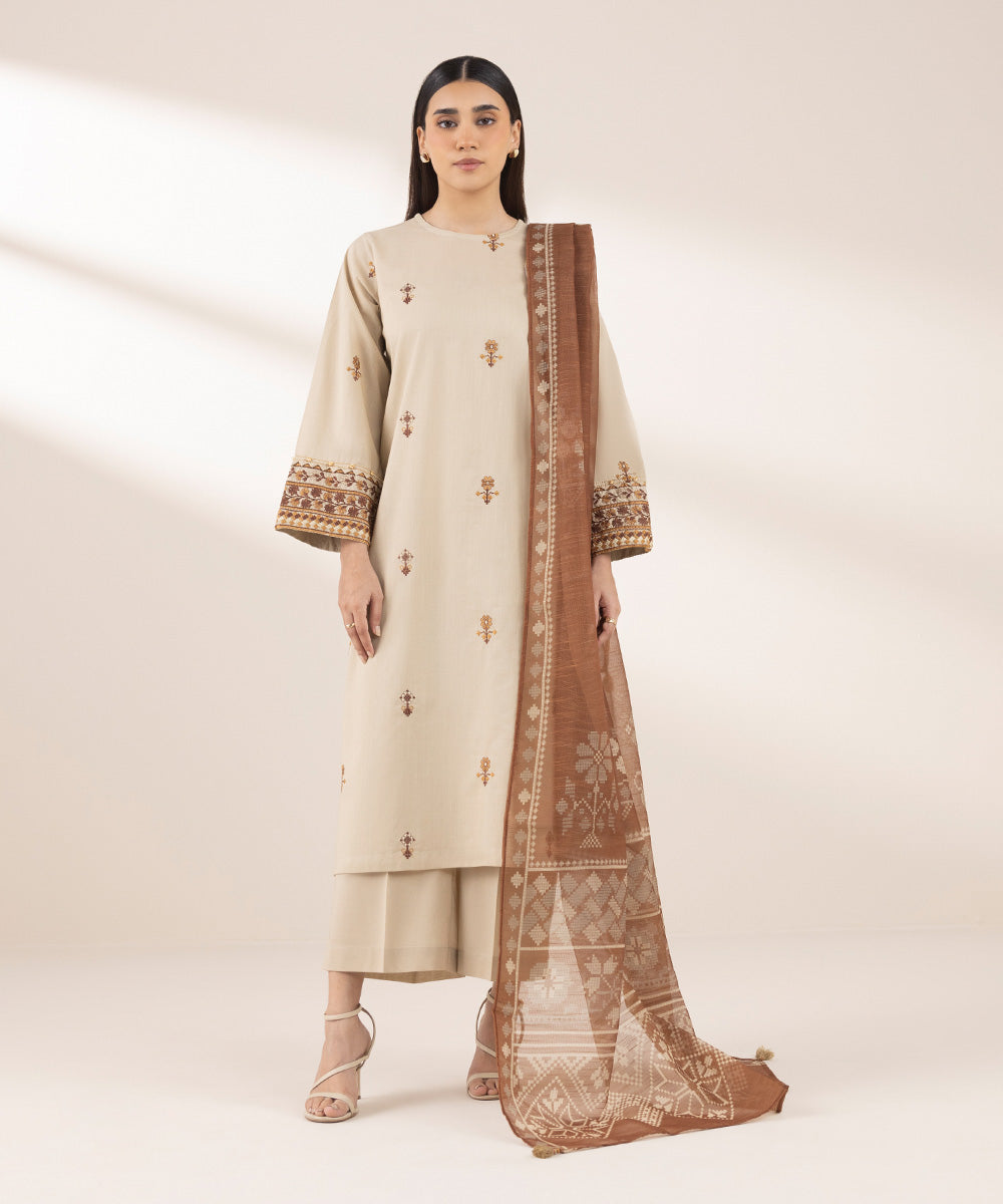 Blended Raw Net Brown Printed Dupatta