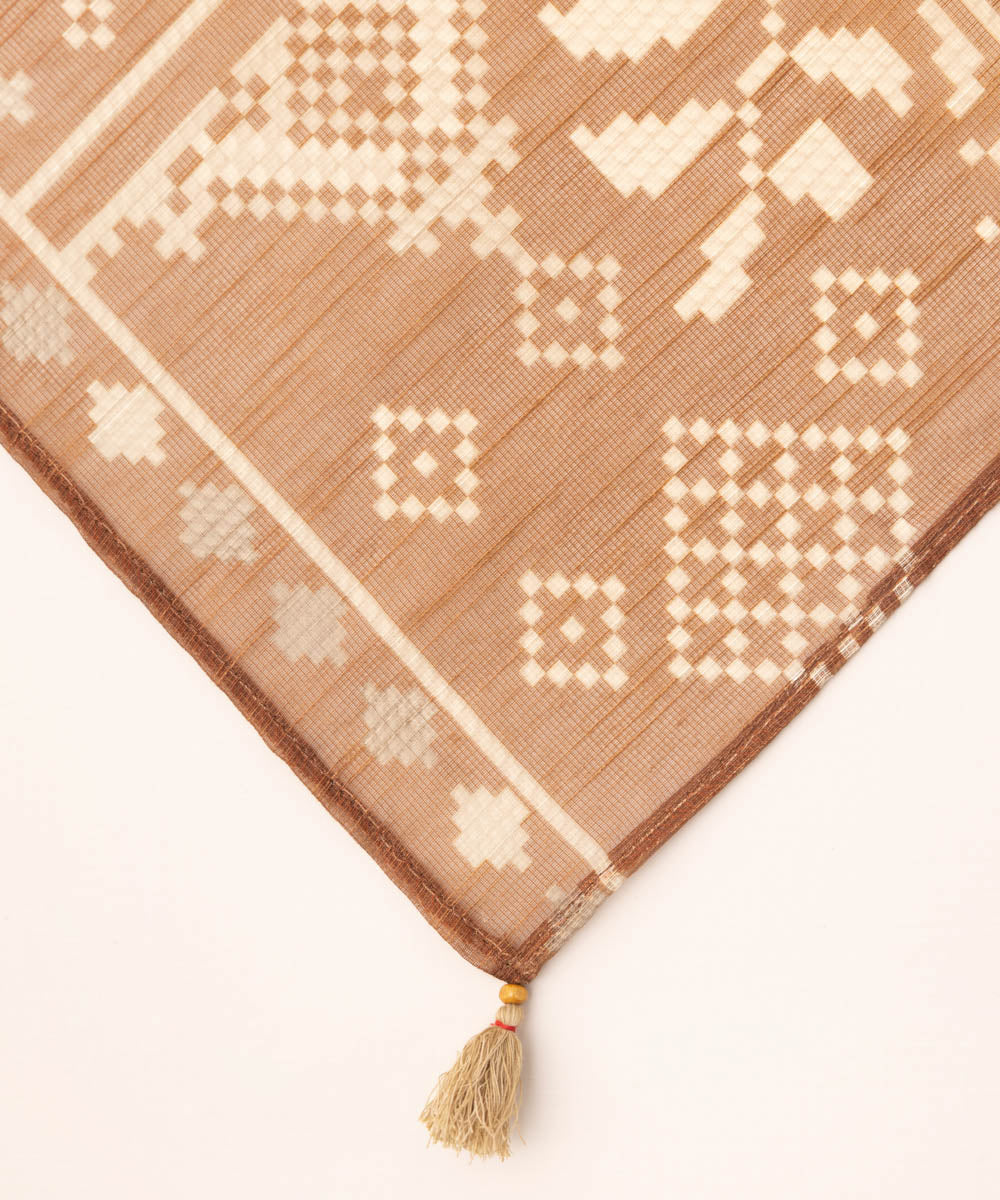 Blended Raw Net Brown Printed Dupatta
