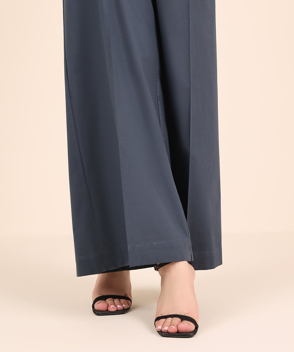 Women's RTW Cambric Blue Solid Flared Pants