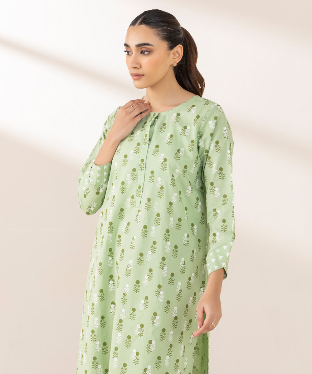 Women's Pret Cambric Printed Green A-Line Shirt