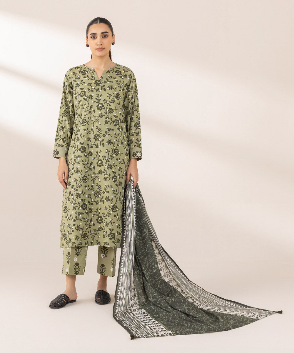 Textured Voile Green Printed Dupatta