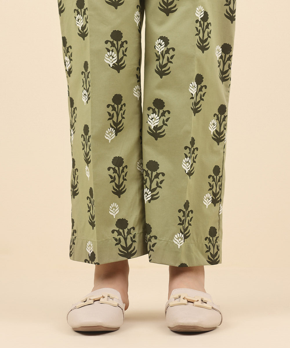 Women's Pret Cambric Green Printed Straight Pants