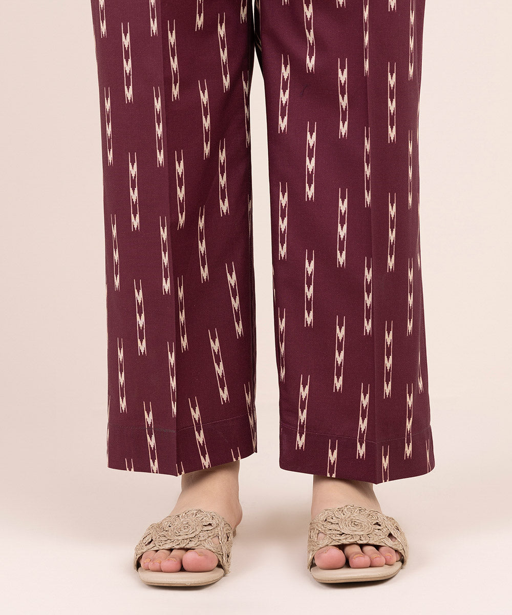 Women's Pret Cambric Maroon Printed Straight Pants