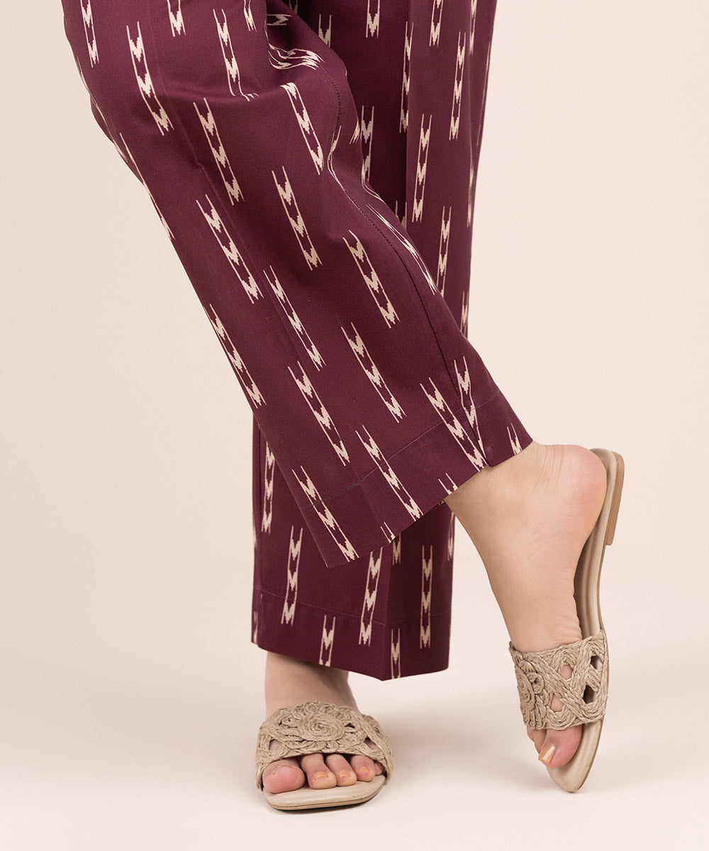 Women's Pret Cambric Maroon Printed Straight Pants