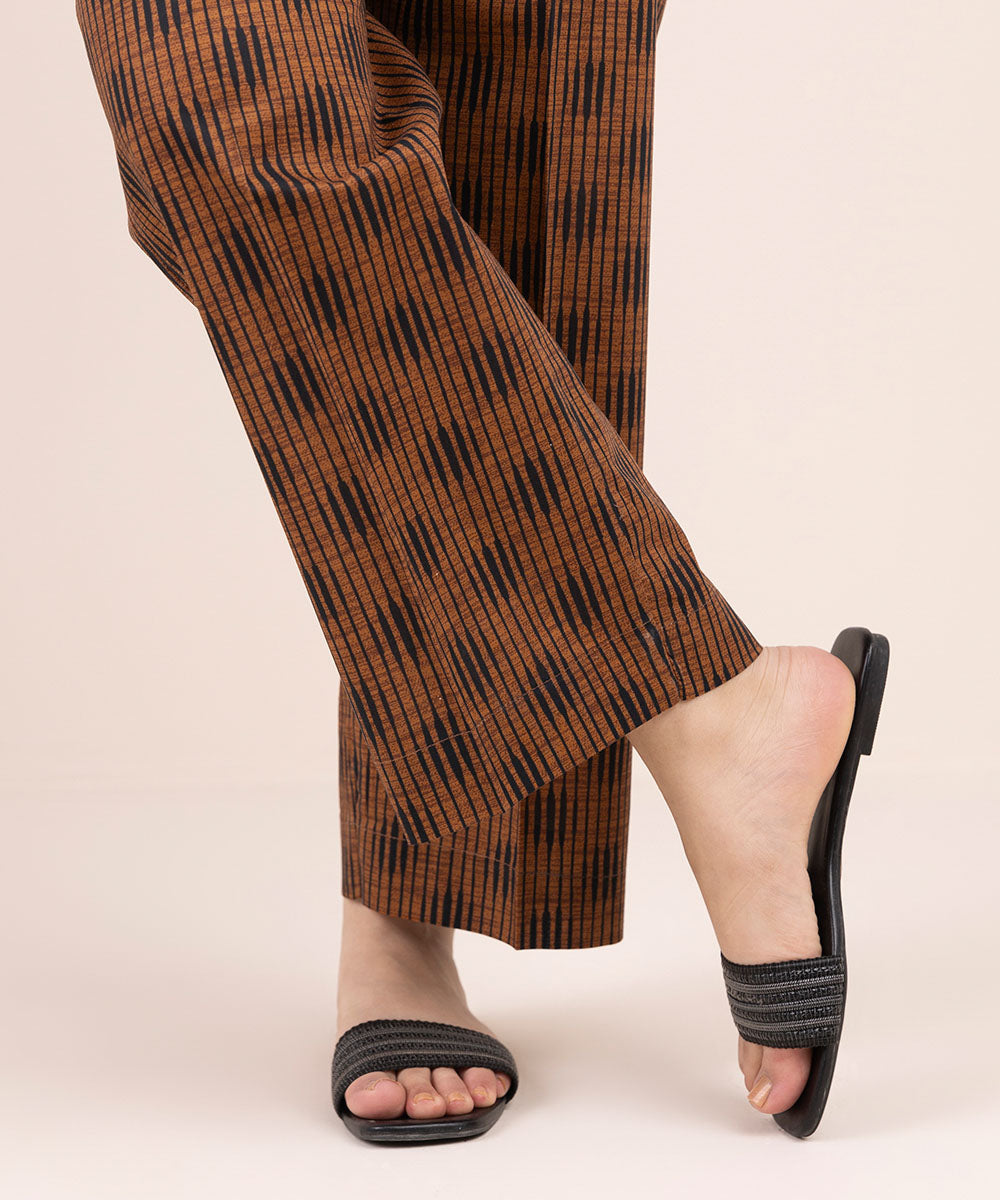 Women's Pret Cambric Brown Printed Straight Pants