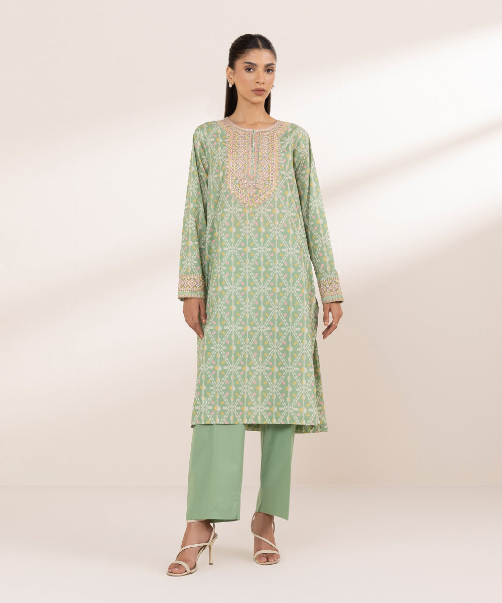 Women's RTW Yarn Dyed Green Embroidered A-Line Shirt