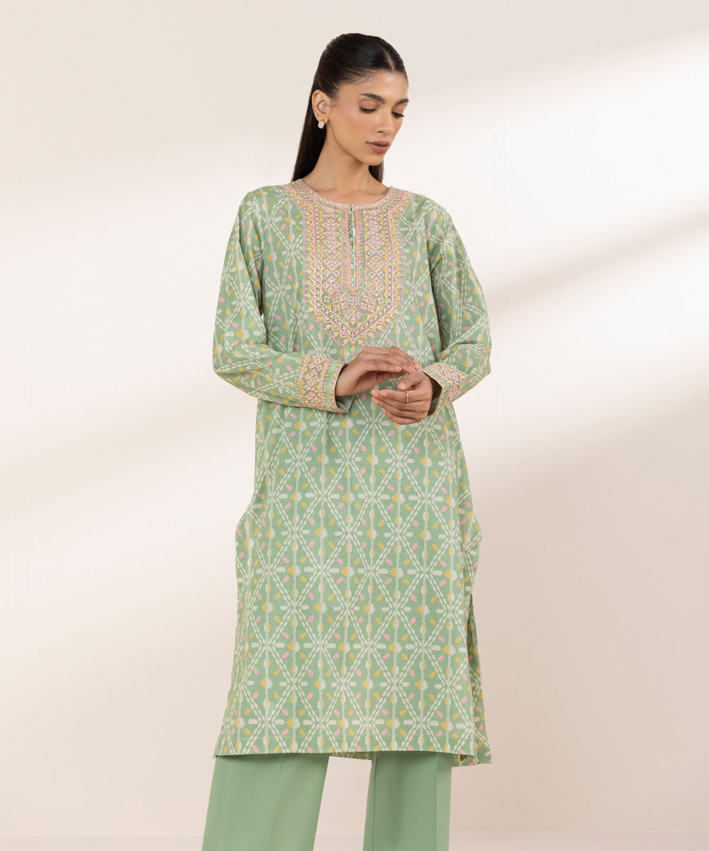 Women's RTW Yarn Dyed Green Embroidered A-Line Shirt