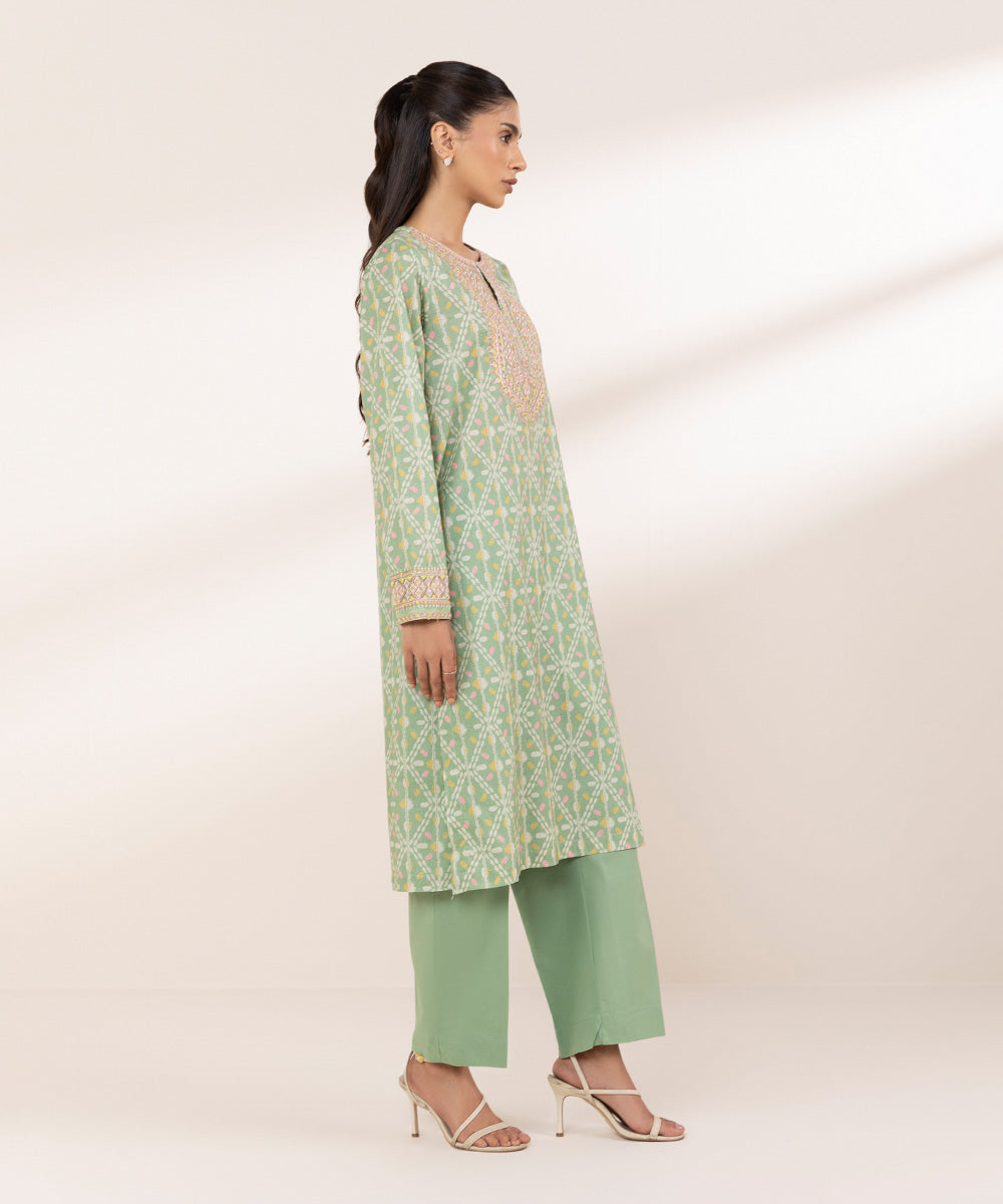 Women's RTW Yarn Dyed Green Embroidered A-Line Shirt
