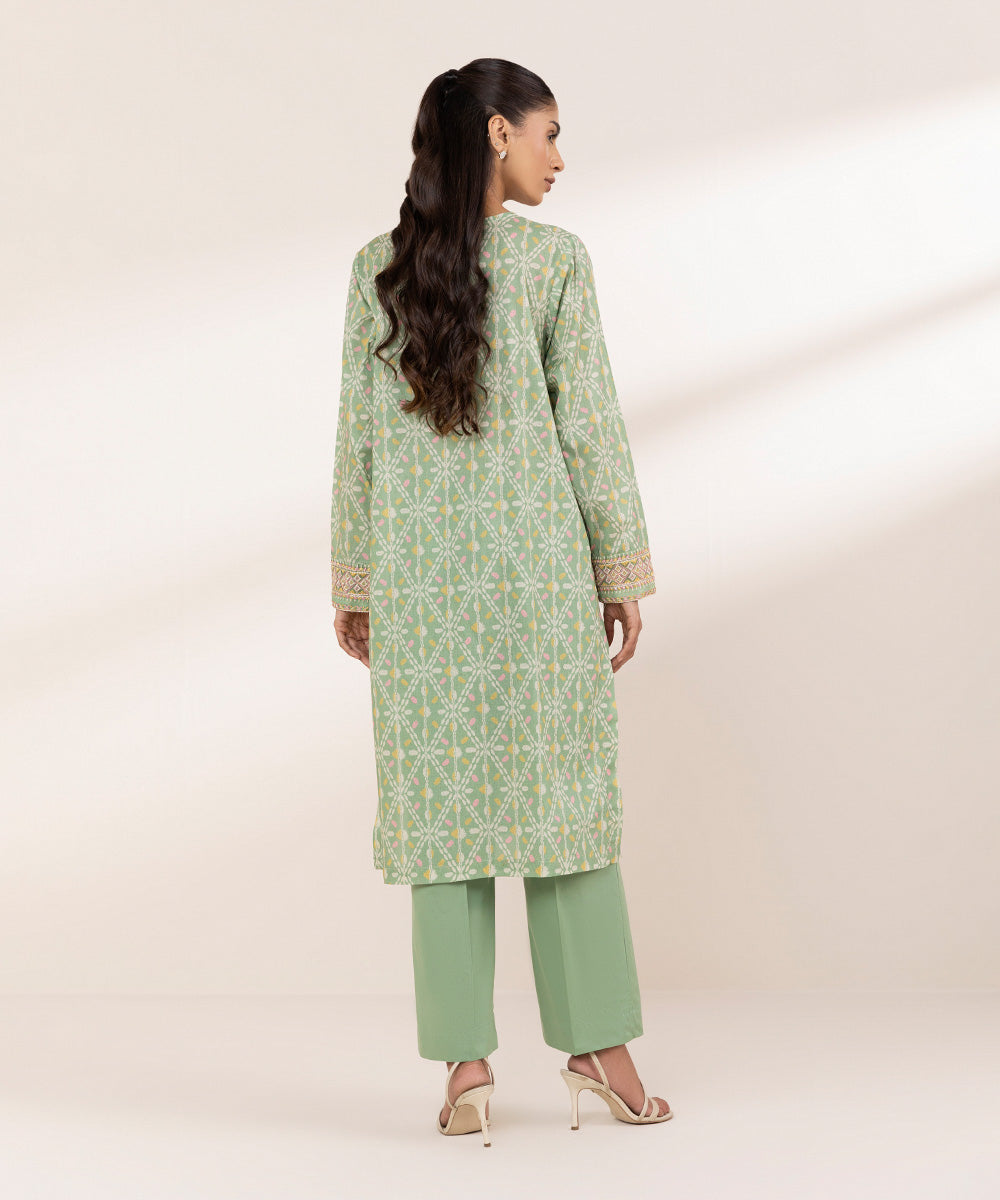 Women's RTW Yarn Dyed Green Embroidered A-Line Shirt