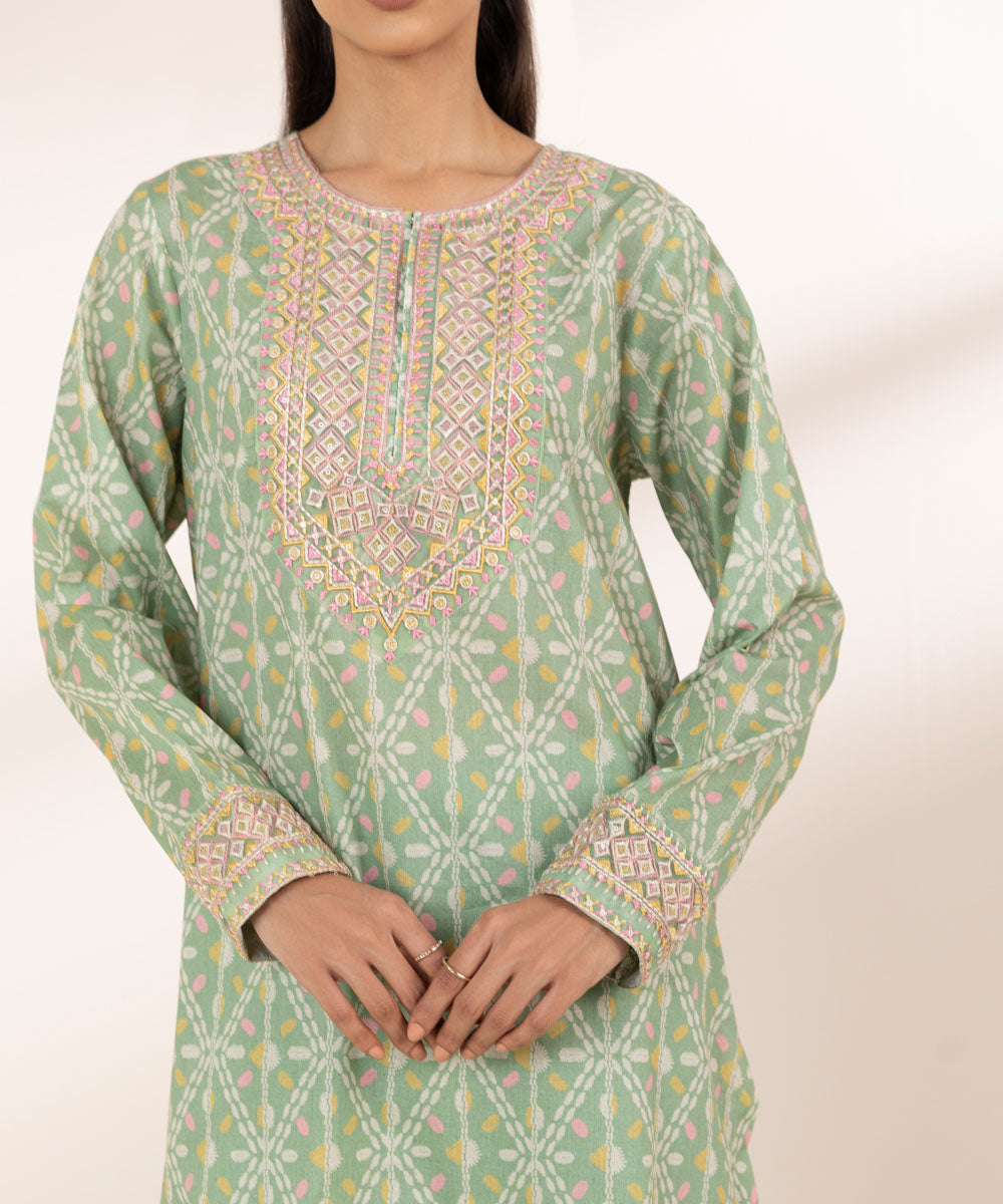 Women's RTW Yarn Dyed Green Embroidered A-Line Shirt