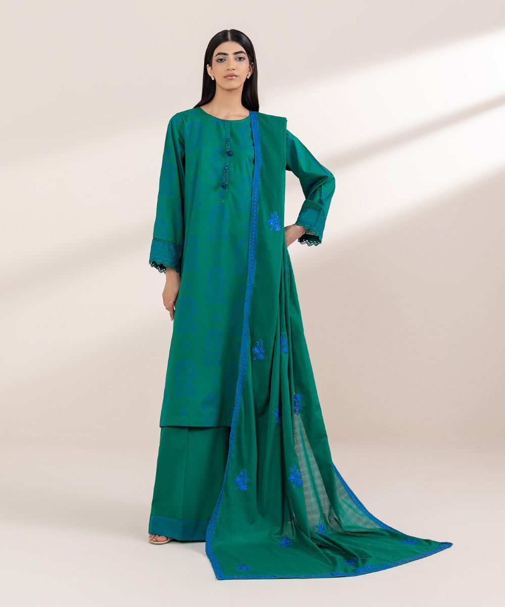 Textured Voile Green Embroidered Dupatta