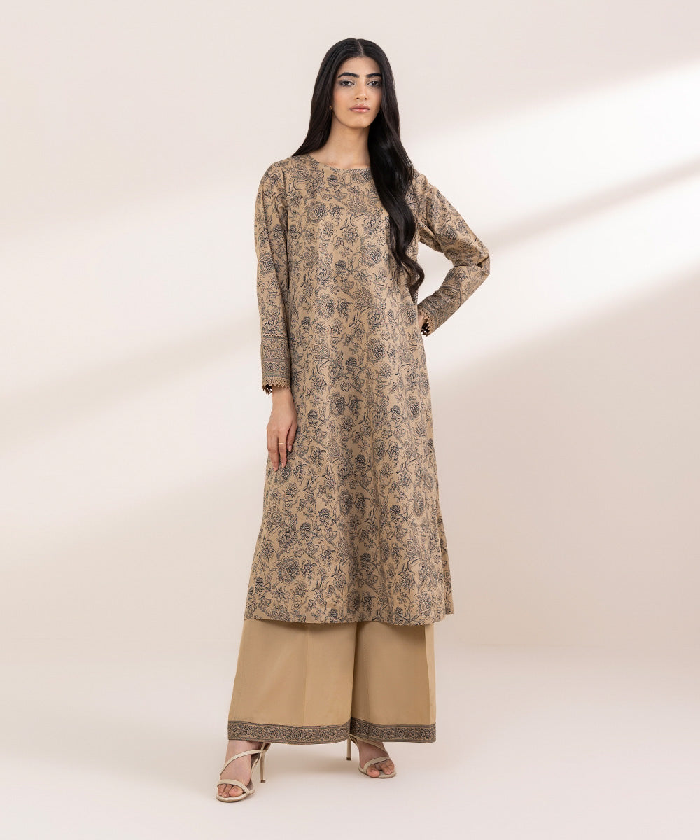 Women's RTW Lawn Beige Printed A-Line Shirt