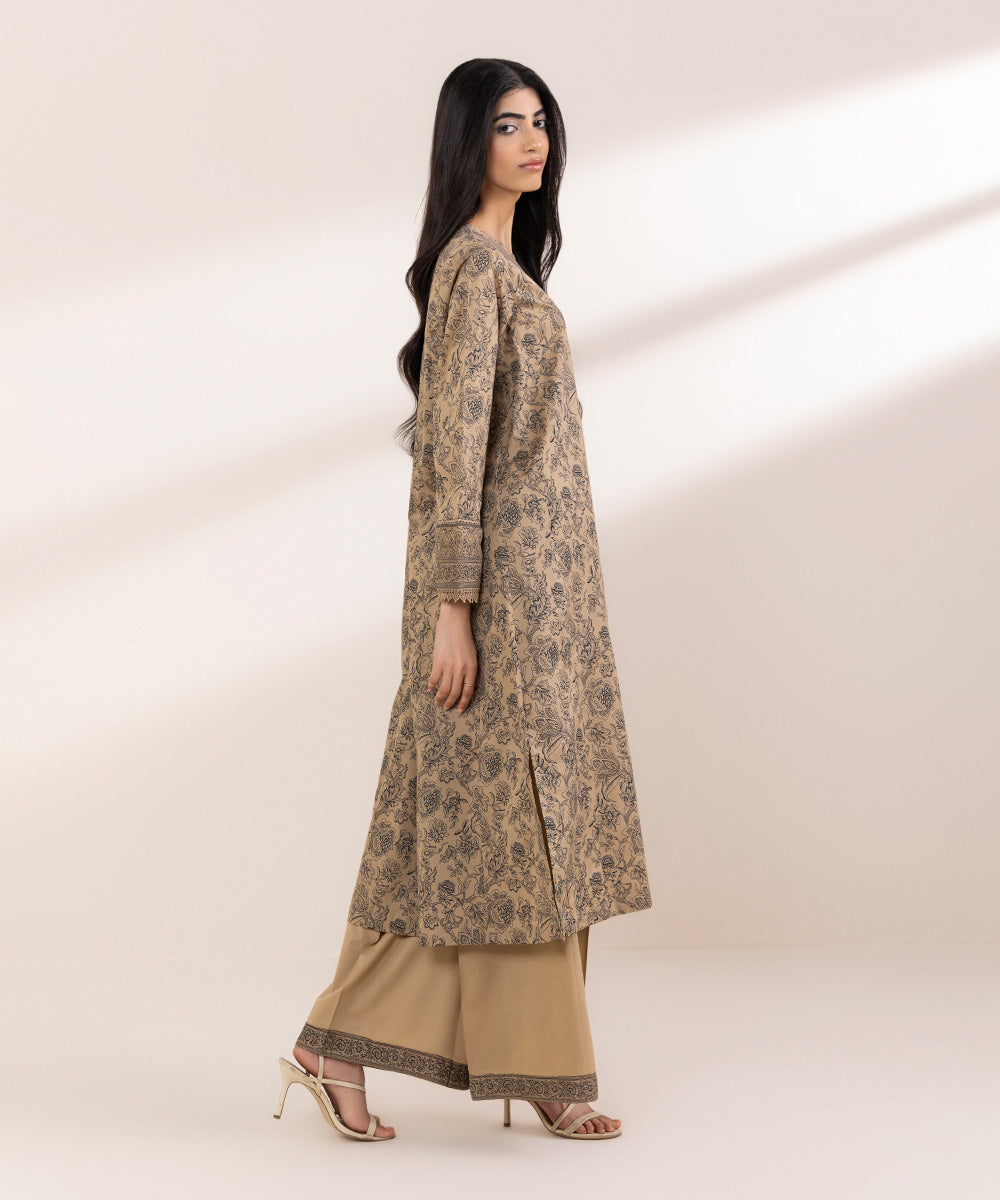 Women's RTW Lawn Beige Printed A-Line Shirt