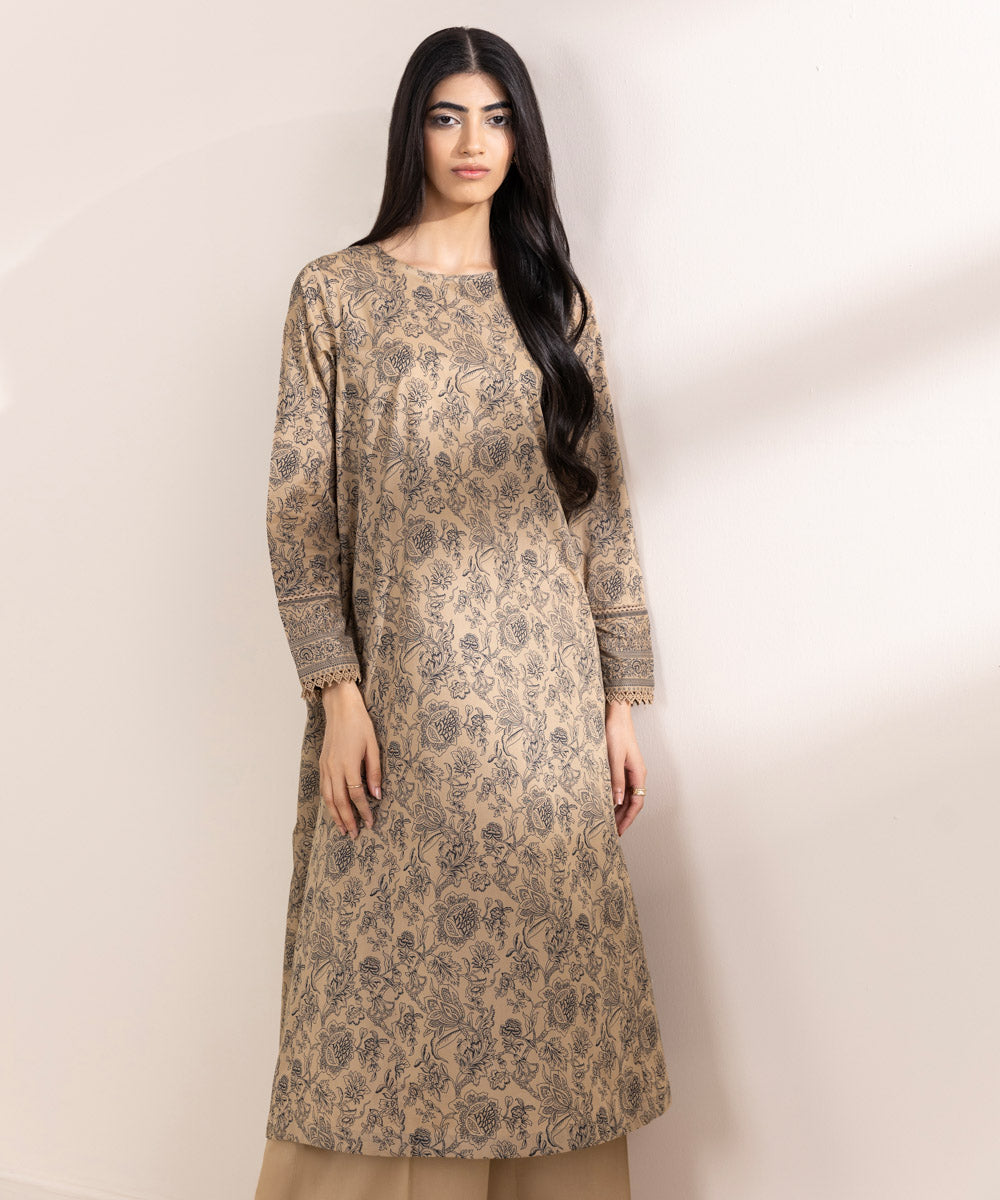 Women's RTW Lawn Beige Printed A-Line Shirt