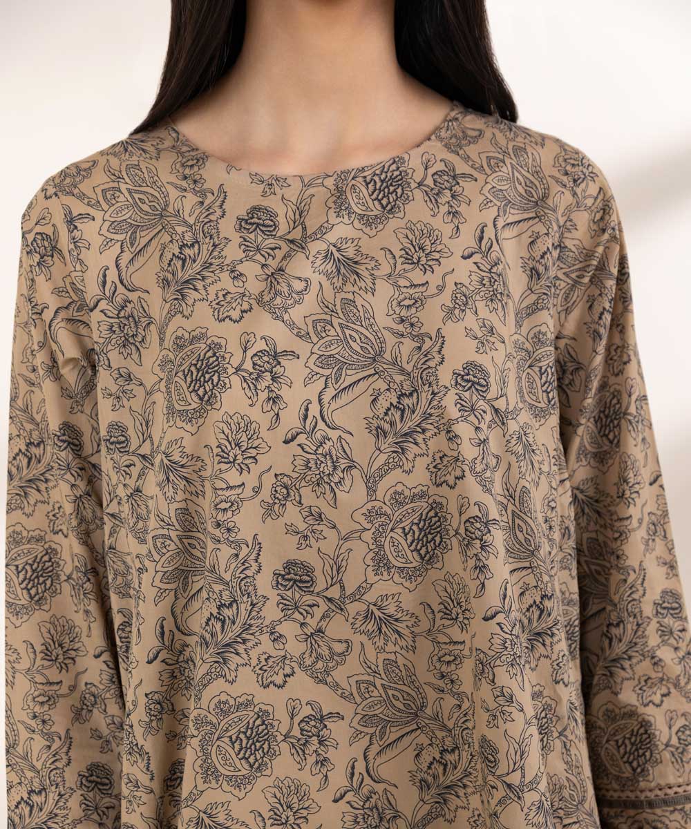 Women's RTW Lawn Beige Printed A-Line Shirt