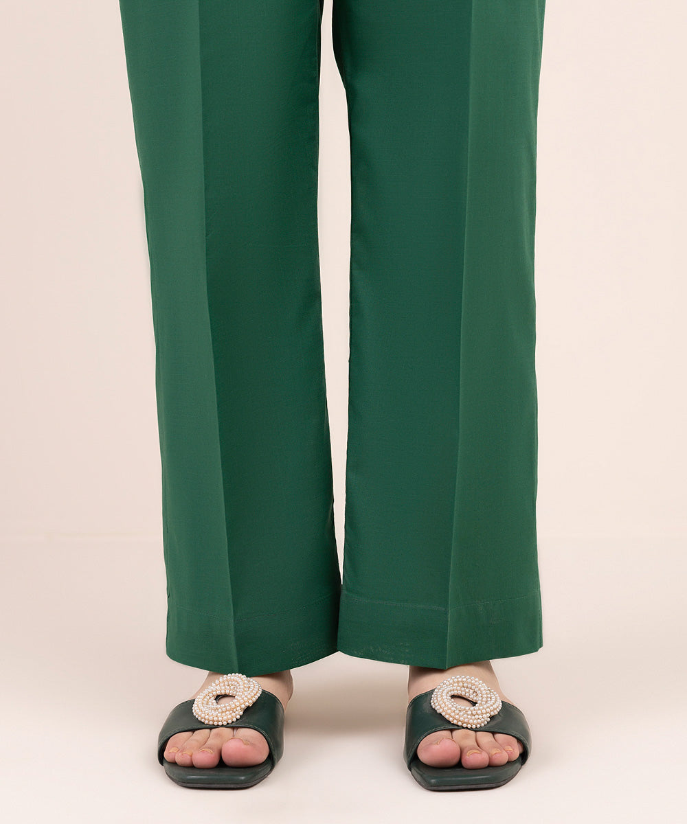 Women's Pret Cross Hatch Green Solid Straight Pants