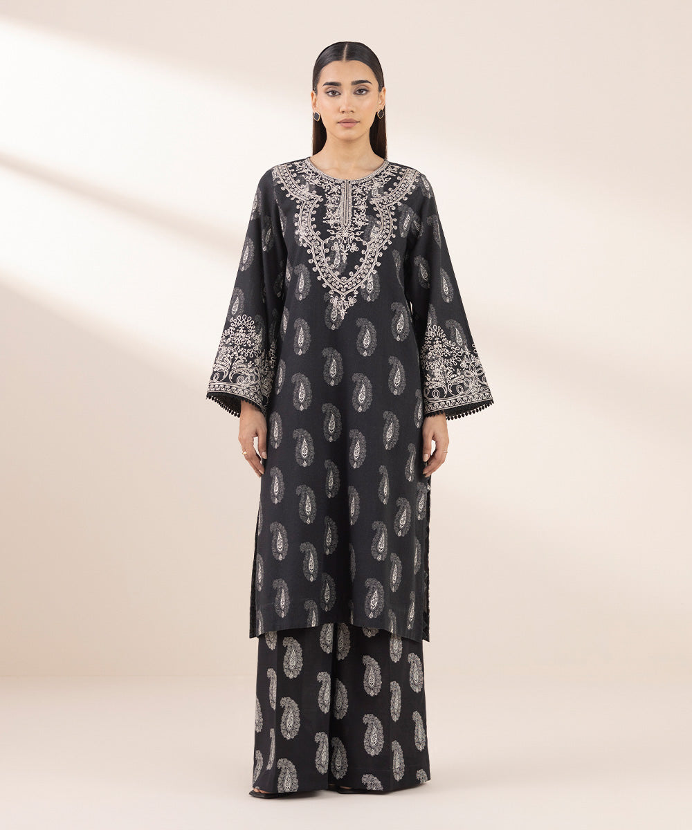 Women's Pret Textured Lawn Black Embroidered A-Line Shirt