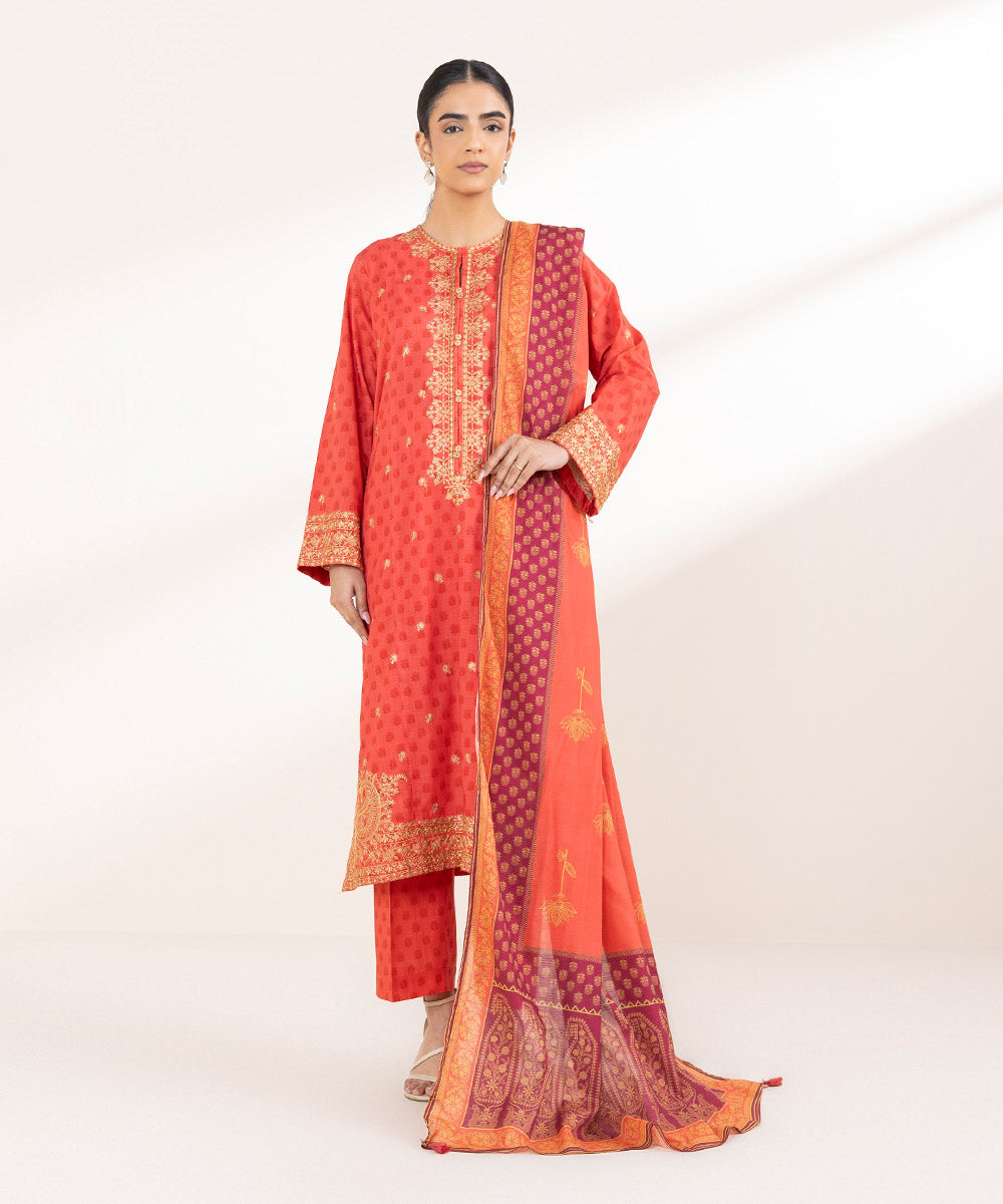 Textured Lawn Orange Printed Dupatta