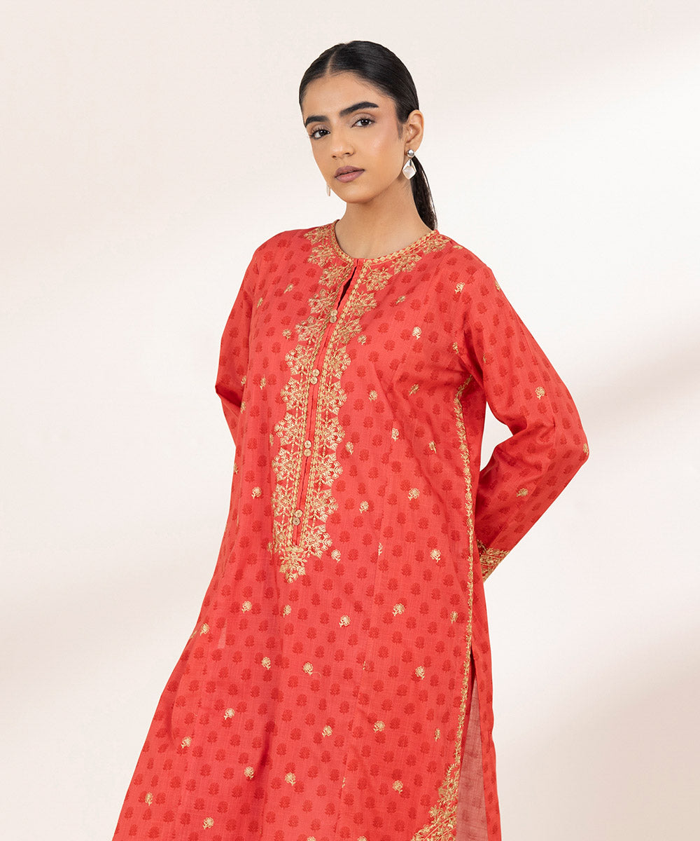 Women's Pret Cross Hatch Orange Embroidered A-Line Shirt