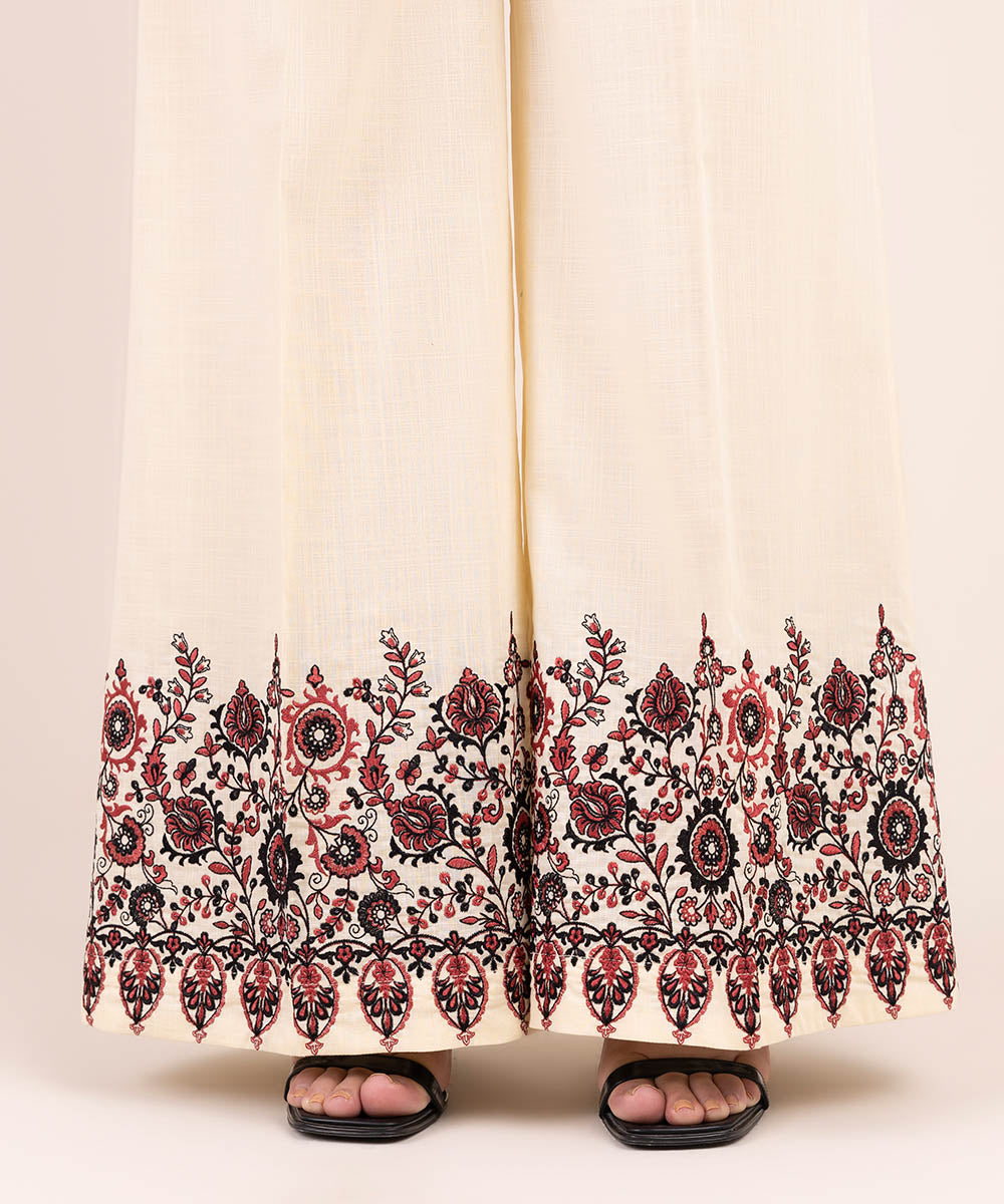 Women's Pret Cross Hatch Beige Embroidered Flared Pants