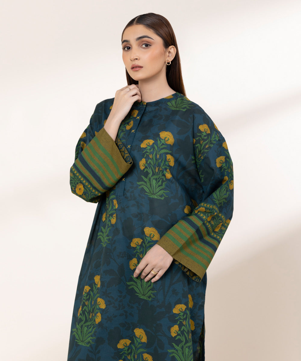 Women's RTW Textured Lawn Blue Printed Drop Shoulder Shirt