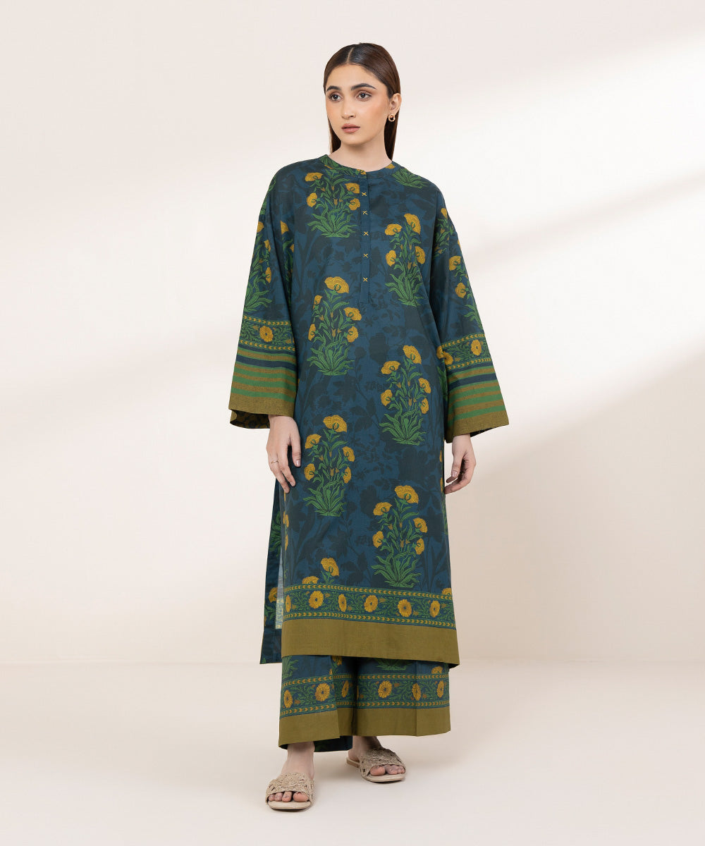 Women's RTW Textured Lawn Blue Printed Drop Shoulder Shirt