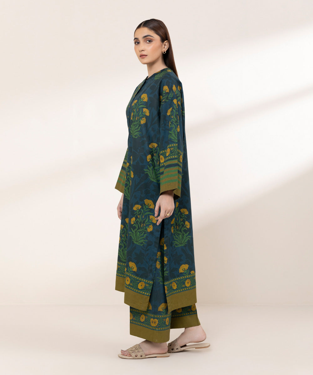 Women's RTW Textured Lawn Blue Printed Drop Shoulder Shirt
