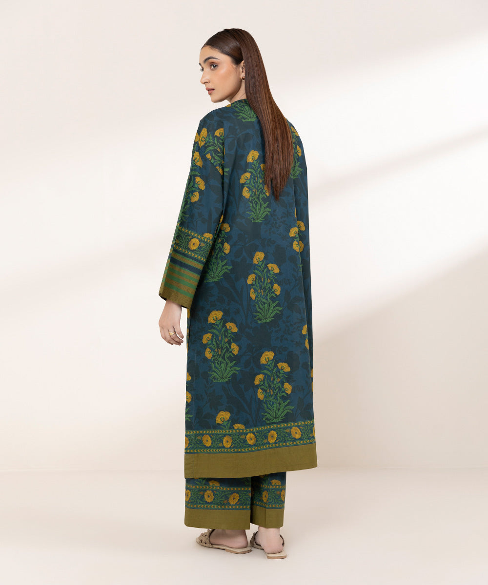 Women's RTW Textured Lawn Blue Printed Drop Shoulder Shirt