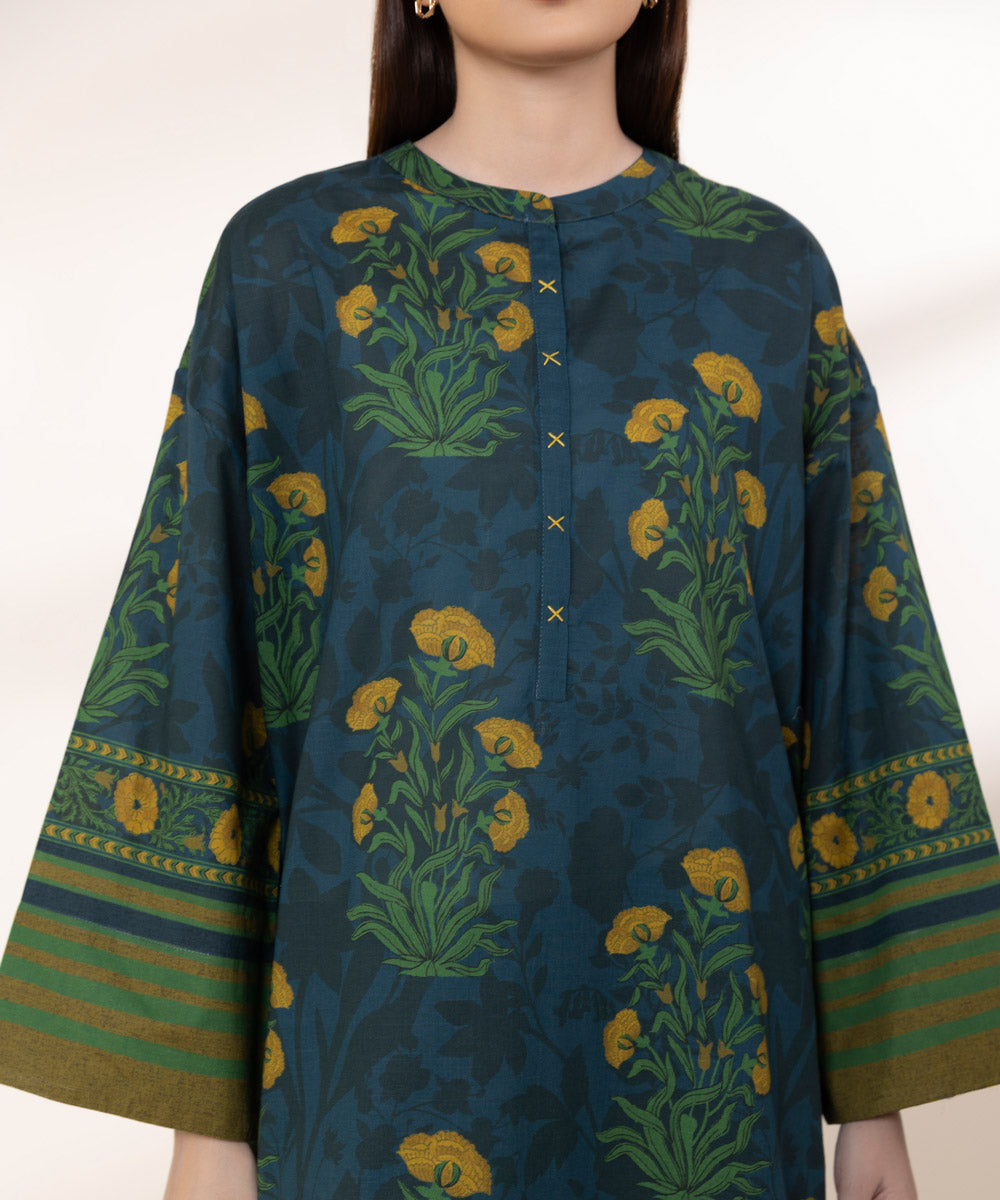 Women's RTW Textured Lawn Blue Printed Drop Shoulder Shirt