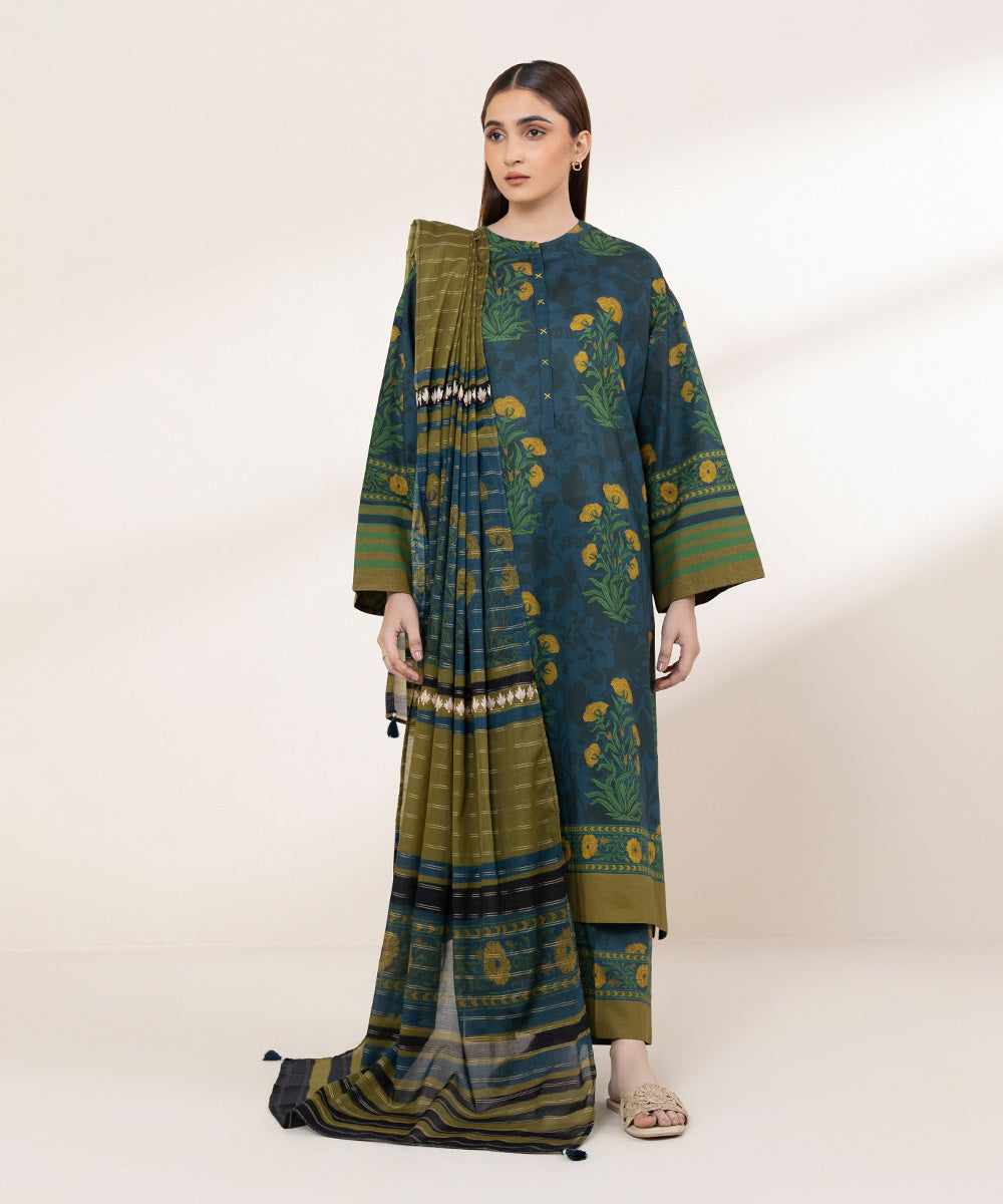 Women's RTW Textured Lawn Blue Printed Drop Shoulder Shirt
