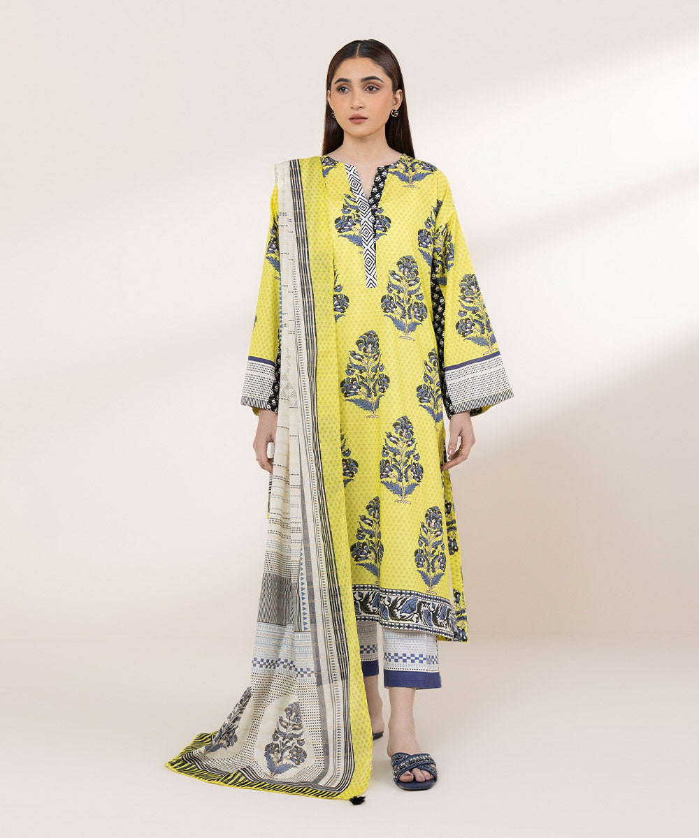 Women's RTW Textured Lawn Yellow Printed Boxy Shirt
