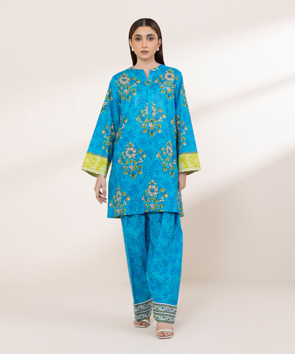 Women's RTW Textured Lawn Blue Printed A-Line Shirt