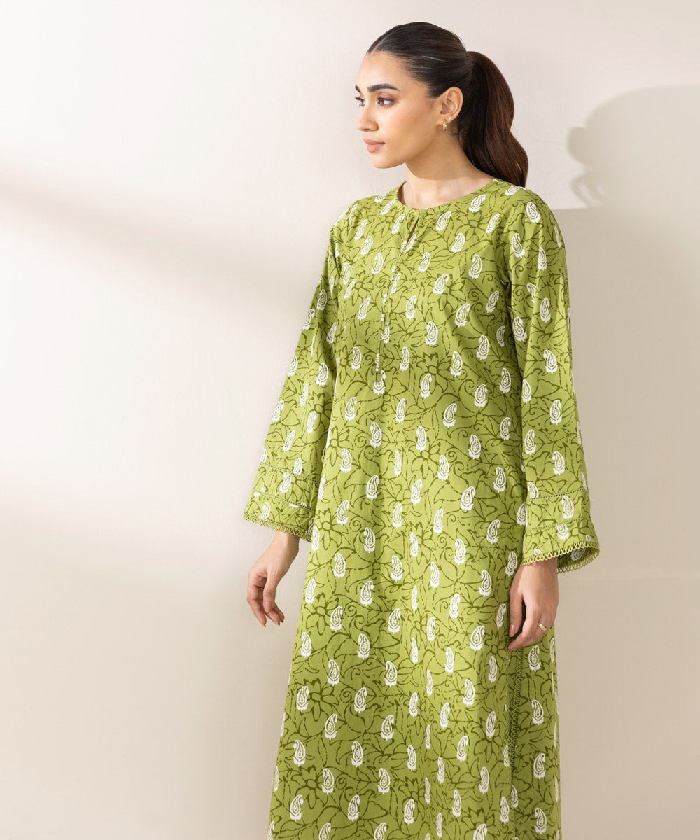 Women's Pret Cambric Printed Green A-Line Shirt