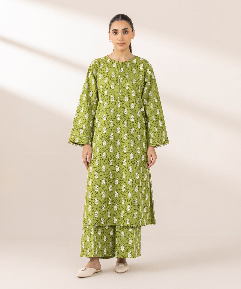 Women's Pret Cambric Printed Green A-Line Shirt