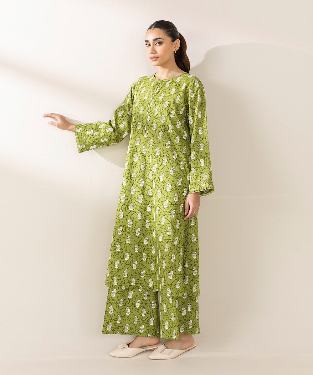 Women's Pret Cambric Printed Green A-Line Shirt