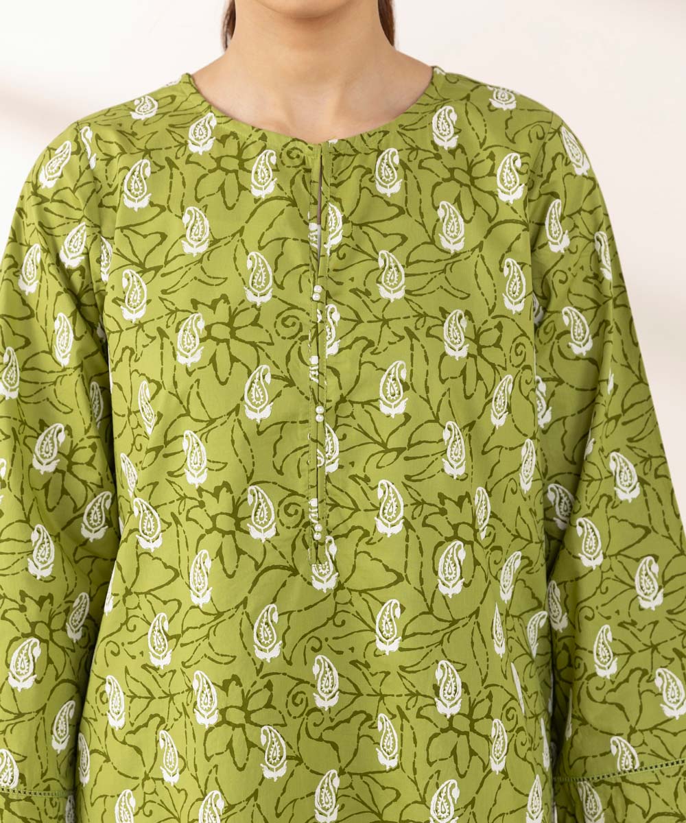 Women's Pret Cambric Printed Green A-Line Shirt