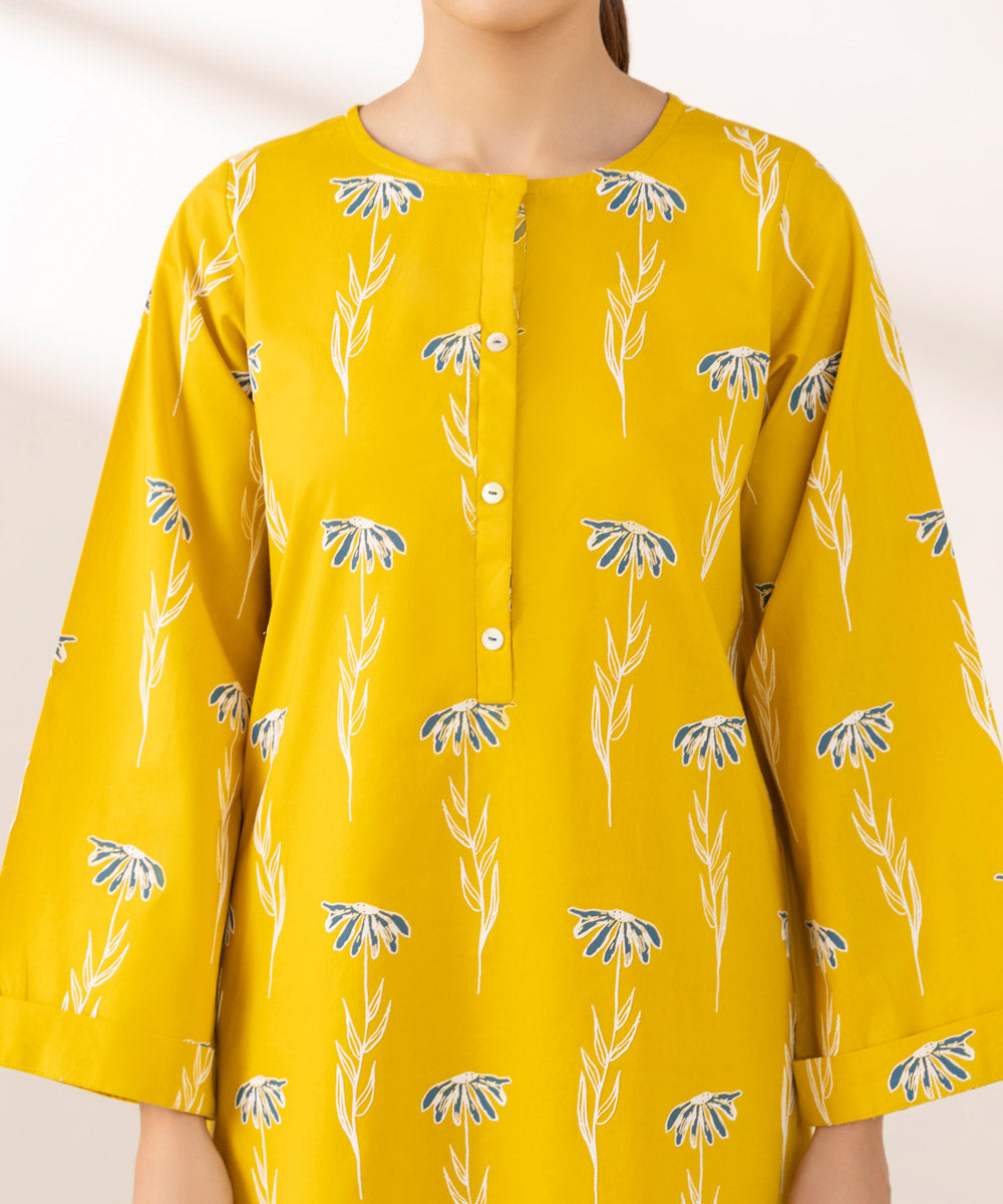 Women's Pret Cambric Printed Yellow Straight Shirt