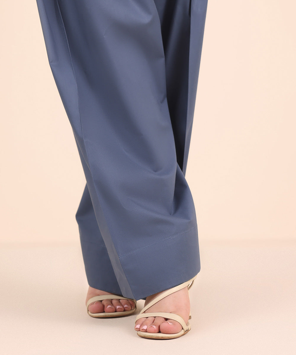 Women's RTW Cambric Blue Solid Shalwar