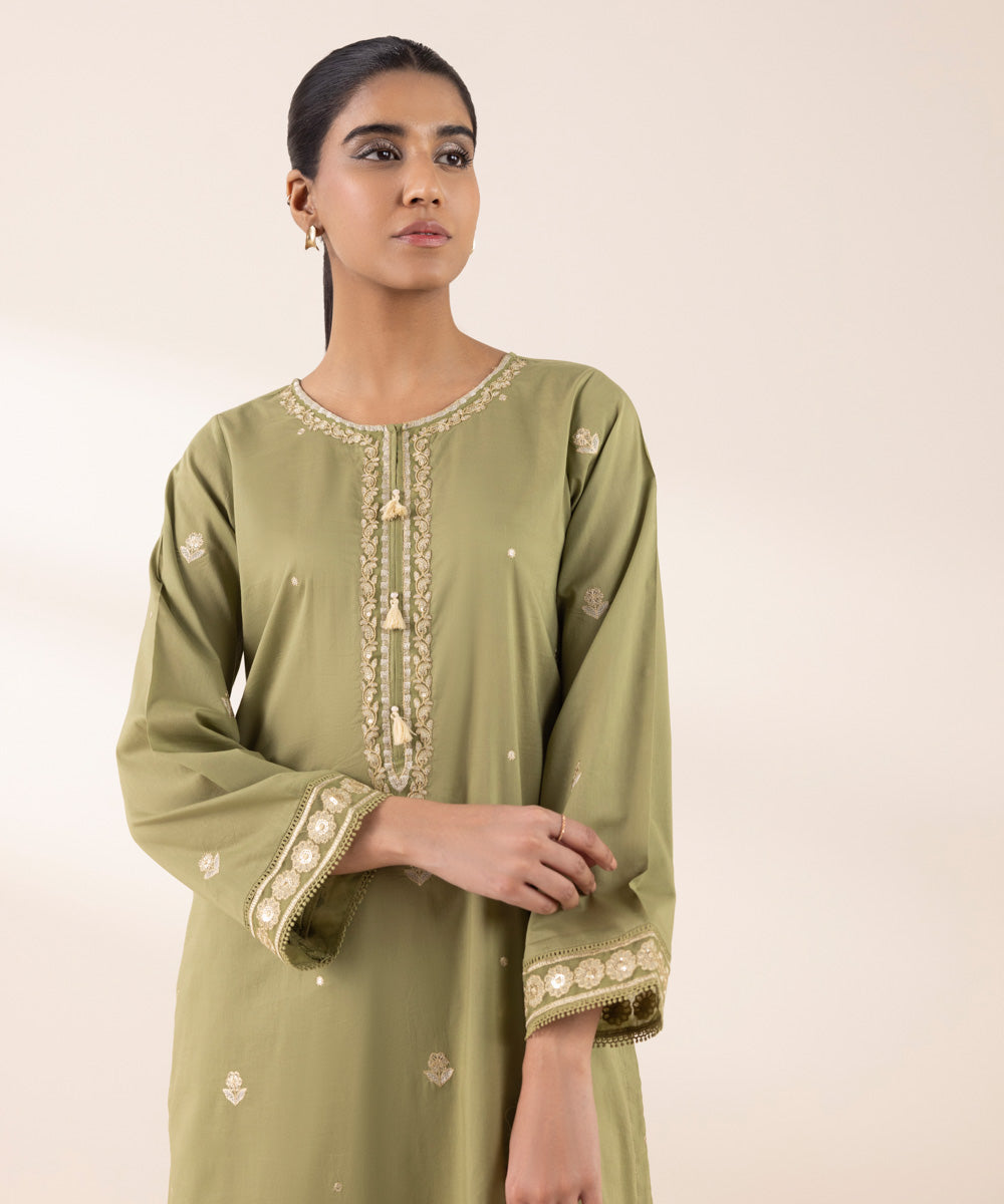 Women's RTW Lawn Green Embroidered A-Line Shirt