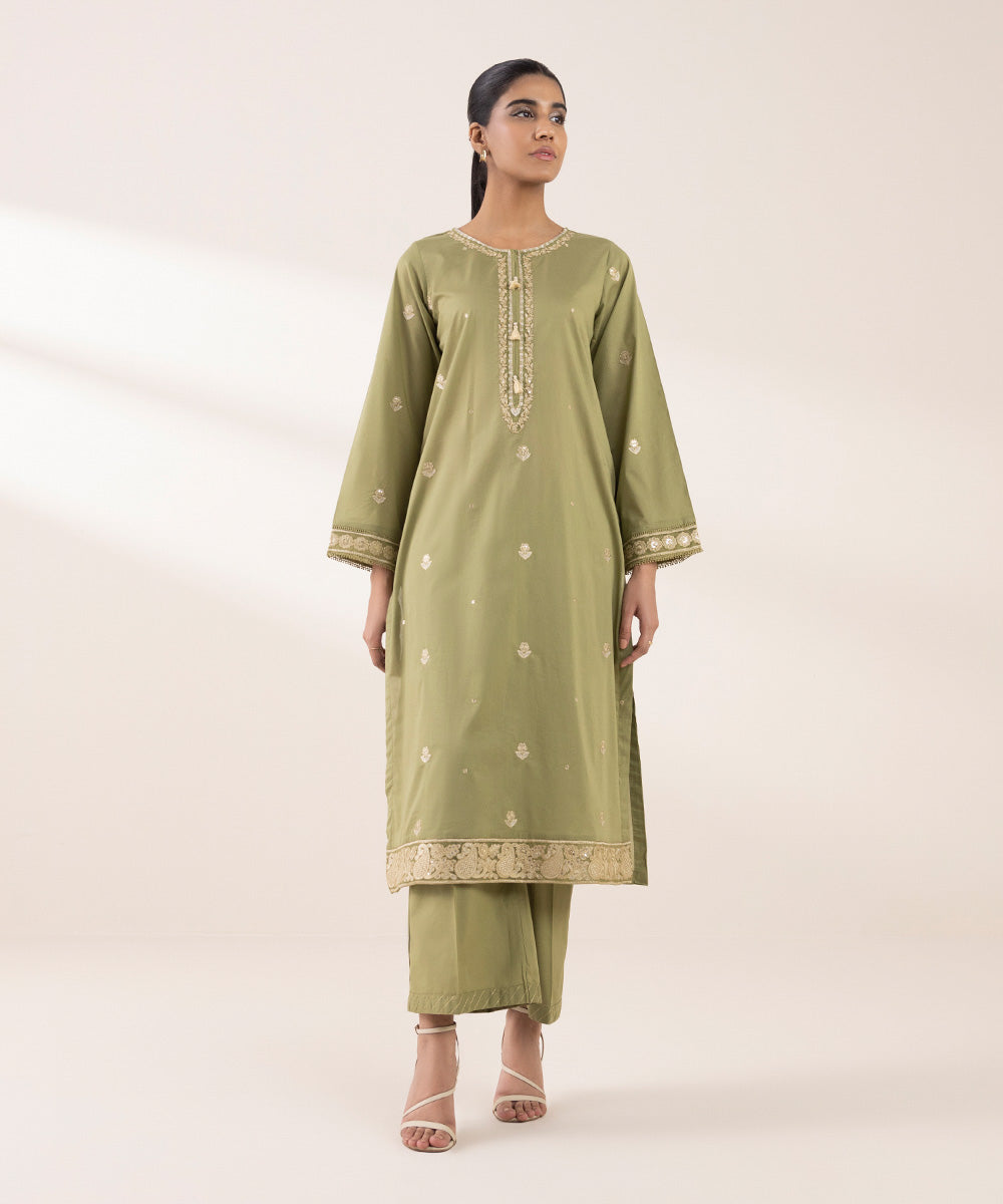 Women's RTW Lawn Green Embroidered A-Line Shirt