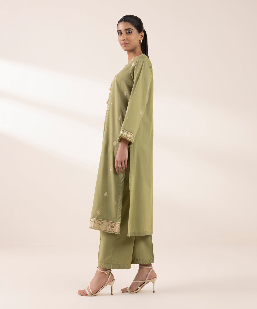 Women's RTW Lawn Green Embroidered A-Line Shirt