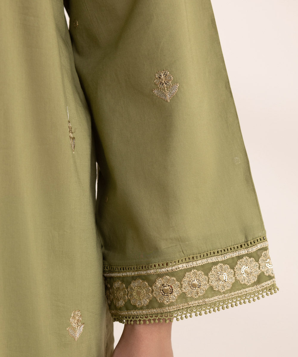 Women's RTW Lawn Green Embroidered A-Line Shirt
