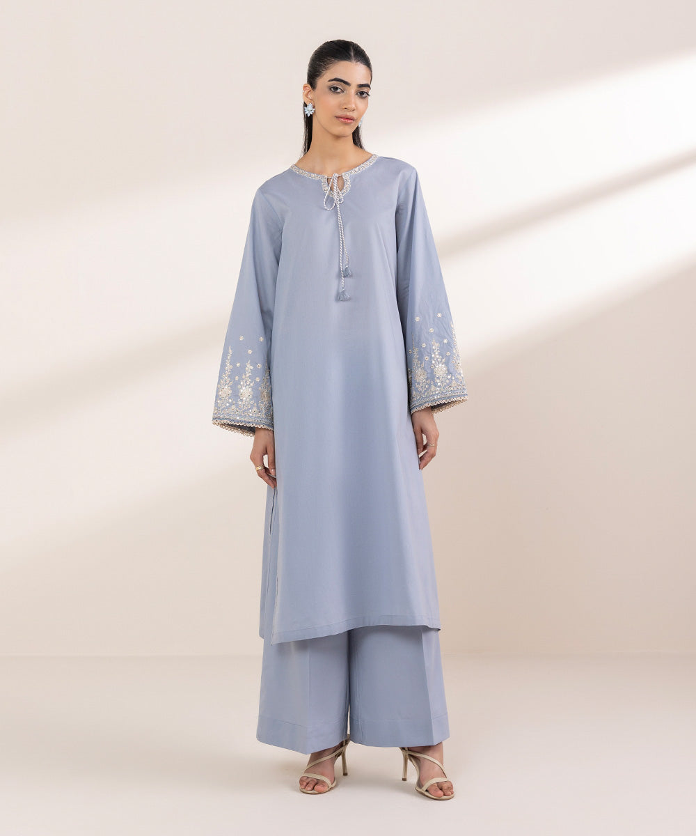 Women's RTW Lawn Blue Embroidered A-Line Shirt