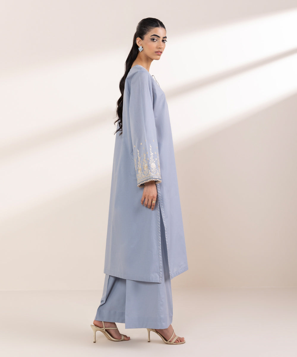 Women's RTW Lawn Blue Embroidered A-Line Shirt