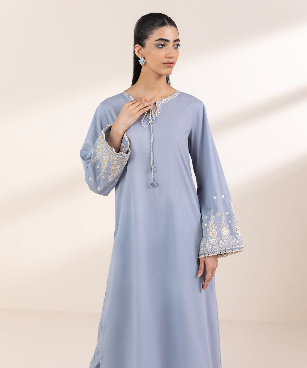 Women's RTW Lawn Blue Embroidered A-Line Shirt