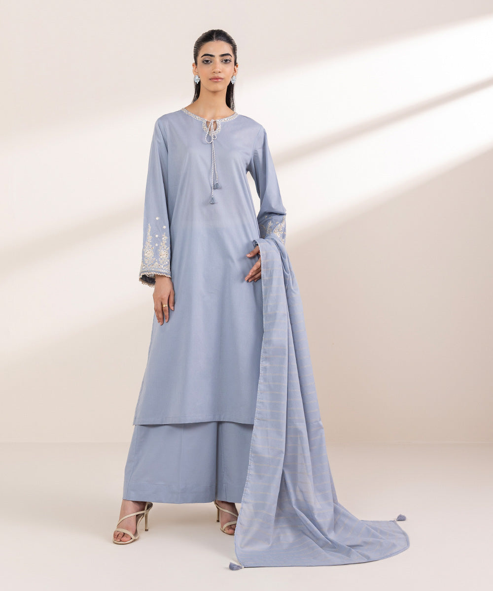 Women's RTW Lawn Blue Embroidered A-Line Shirt